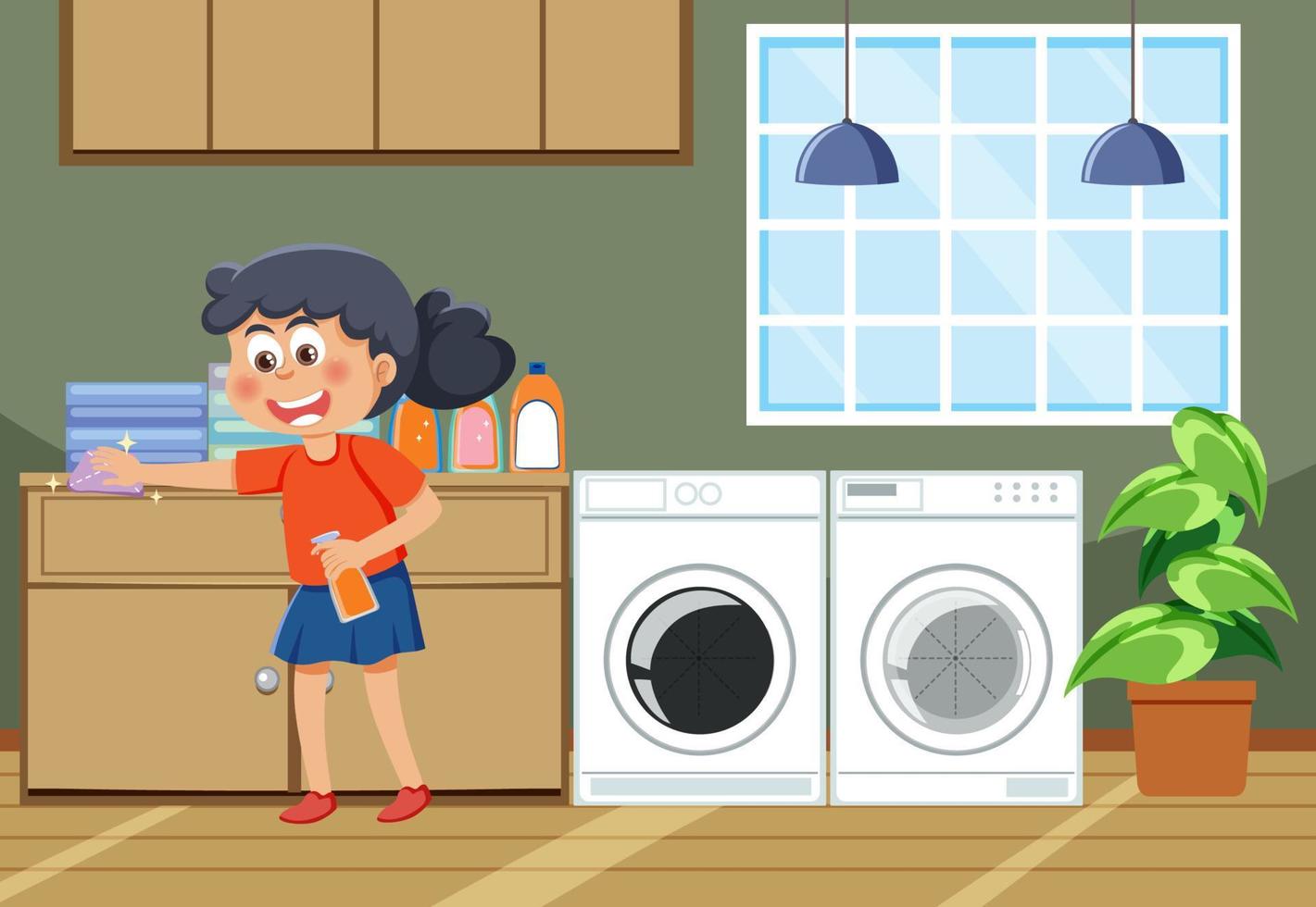 Girl doing laundry in the room vector