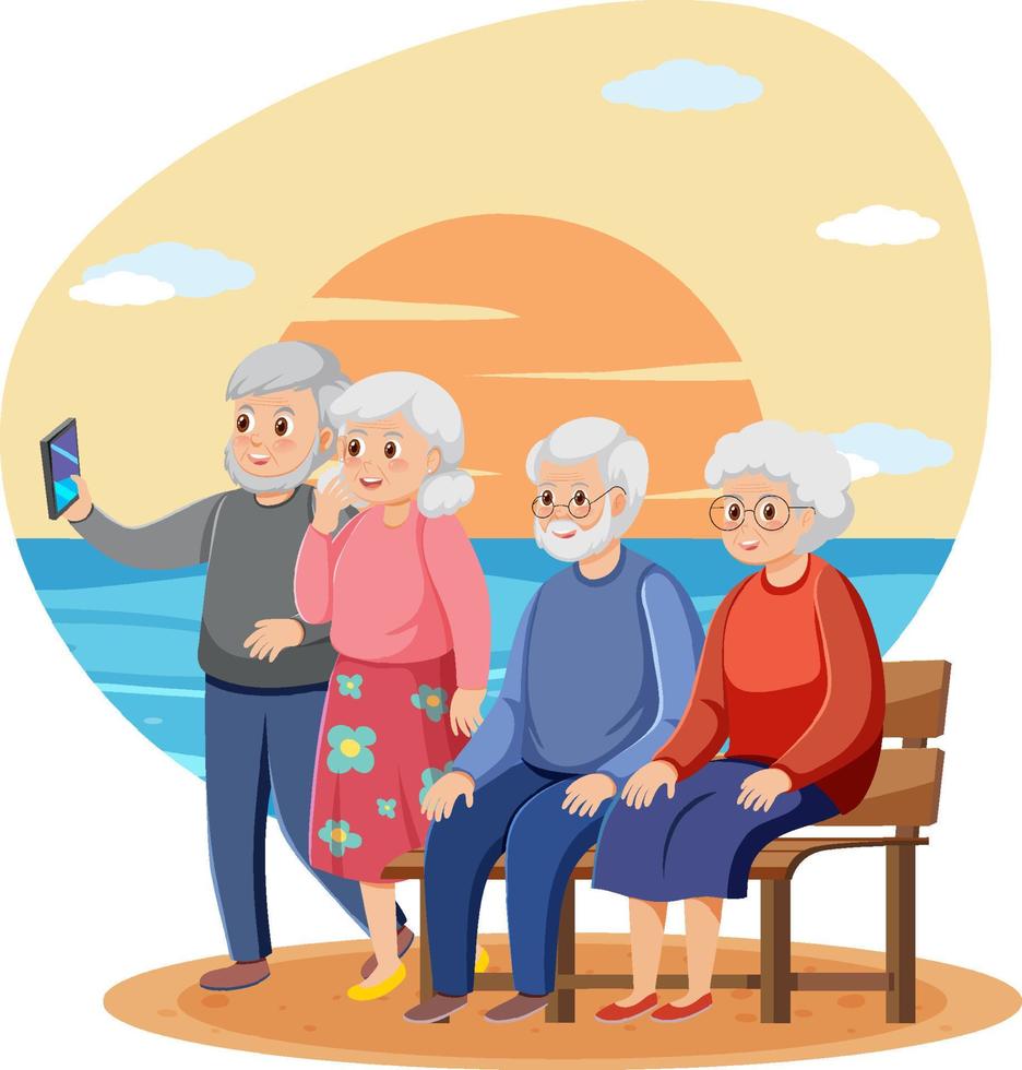 Group of senior travelers with sunset background vector
