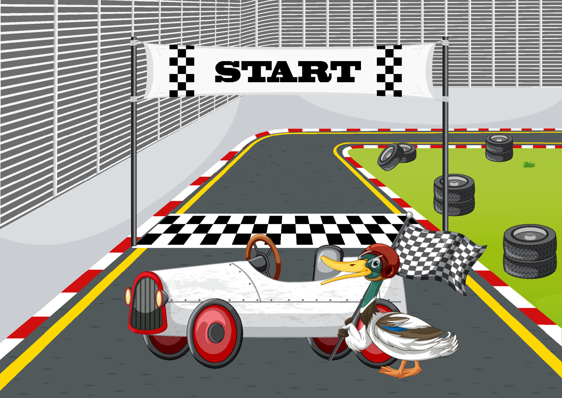 Soap box derby race with ducks cartoon character Vector Image