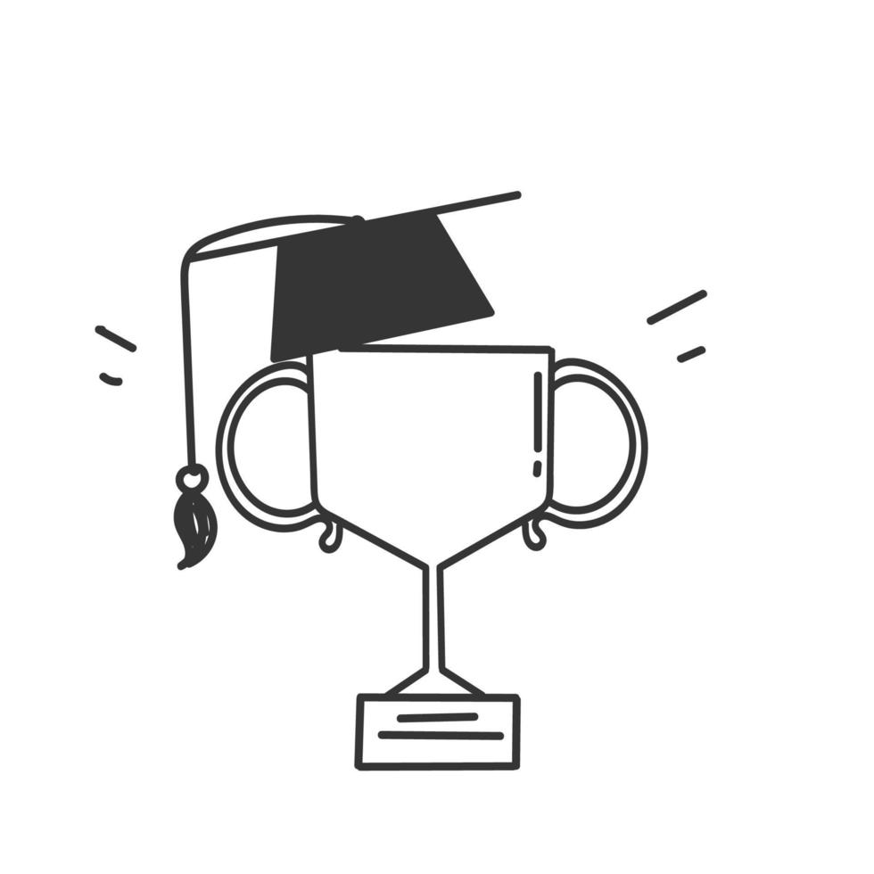 hand drawn doodle trophy award and graduation hat illustration vector