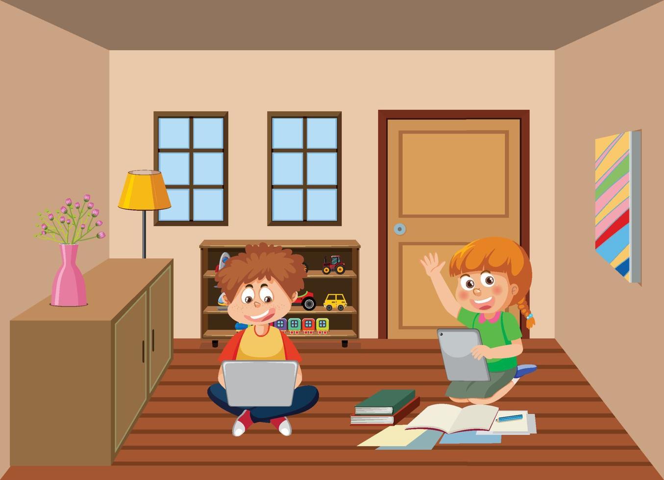 Kids learning online at home vector