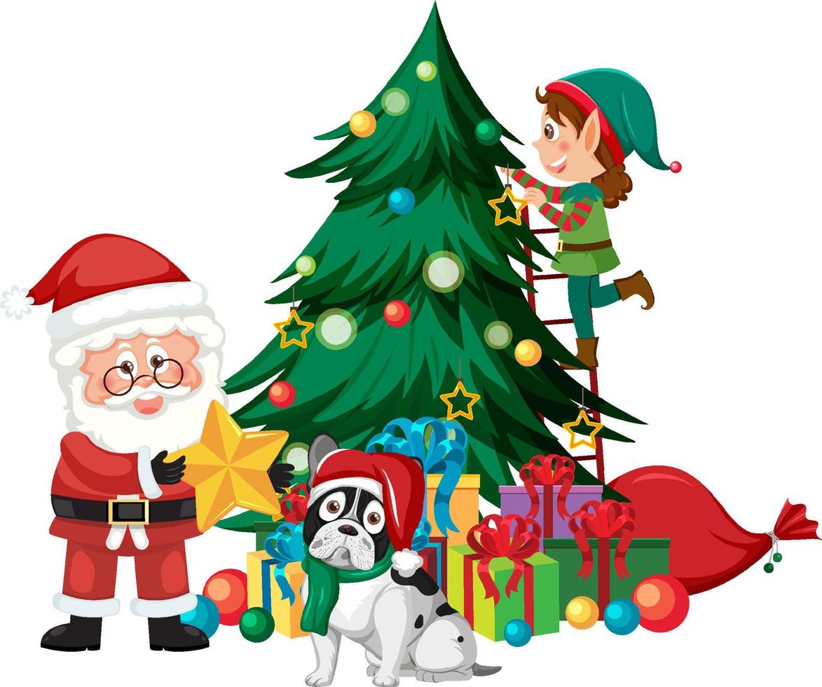 Christmas tree with elves cartoon character vector