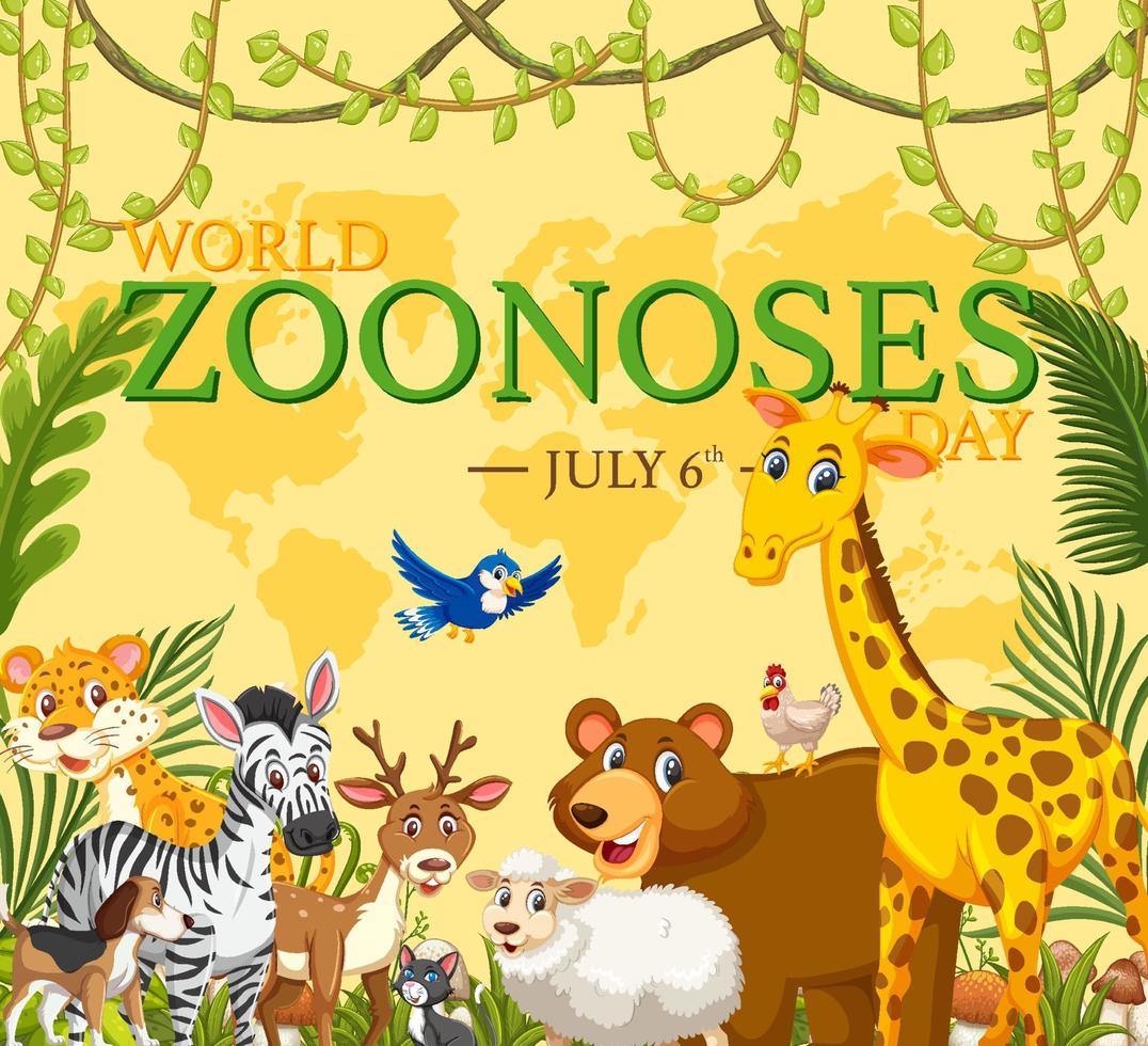 cartel de dibujos animados del día mundial de las zoonosis vector