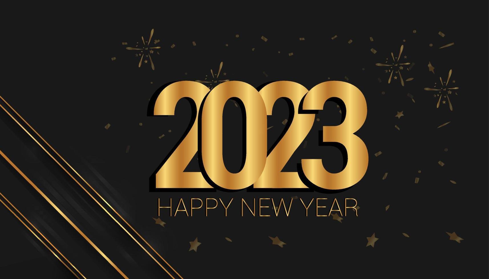 Happy New Year 2023 horizontal banner with golden color and confetti illustration on isolated background vector