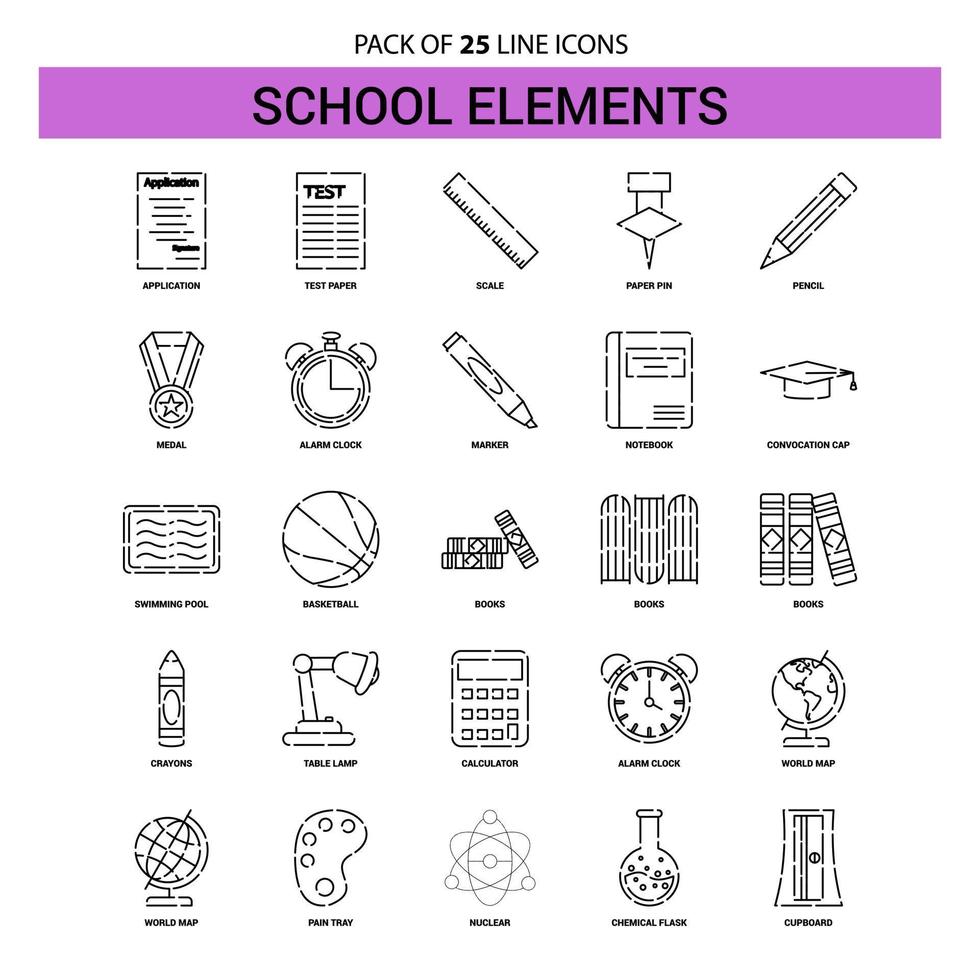 conjunto de iconos de línea de elementos escolares 25 estilo de contorno discontinuo vector