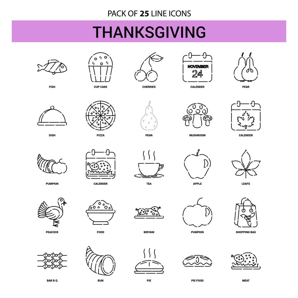 Thanksgiving Line Icon Set 25 Dashed Outline Style vector