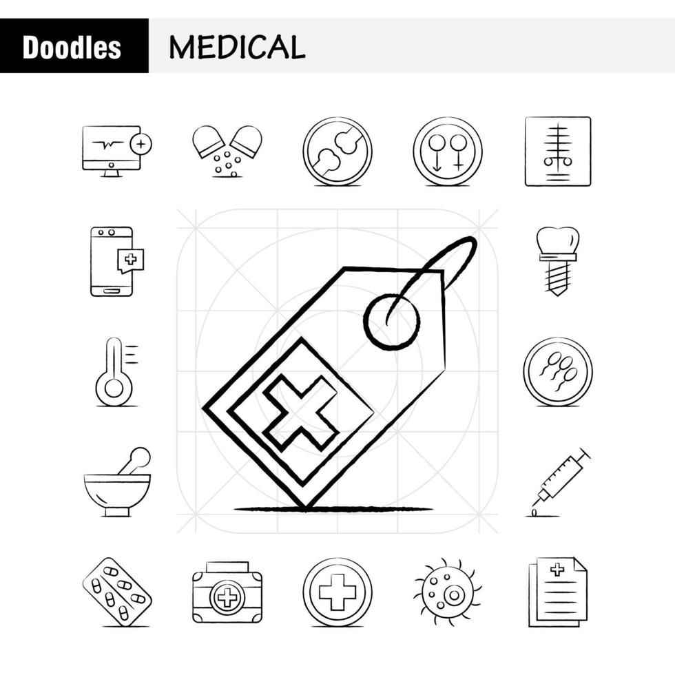 conjunto de iconos médicos dibujados a mano para infografías, kit de uxui móvil y diseño de impresión, incluye pulso de pulso de computadora, medicamento médico, píldoras médicas, conjunto de iconos de hueso, vector