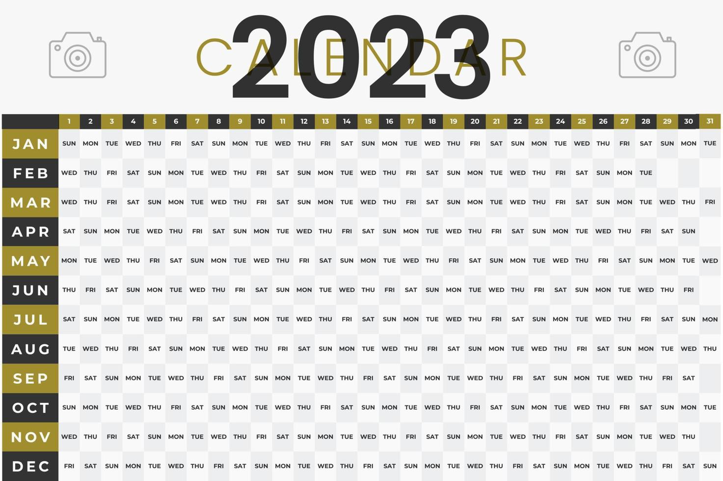 Big, broad wall planner for 2023. Whole year on one page. Simple calendar template or ready for print. French language. Free copy space.  Letter, F4. Vector illustration.