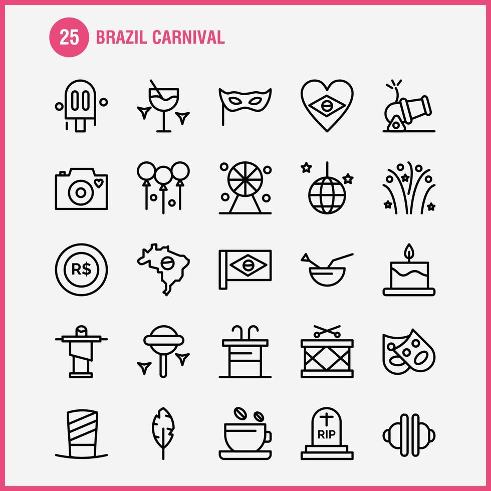 Brazil Carnival Line Icon Pack For Designers And Developers Icons Of Tea Cup Coffee Tablet Currency Coin Money Cannon Vector