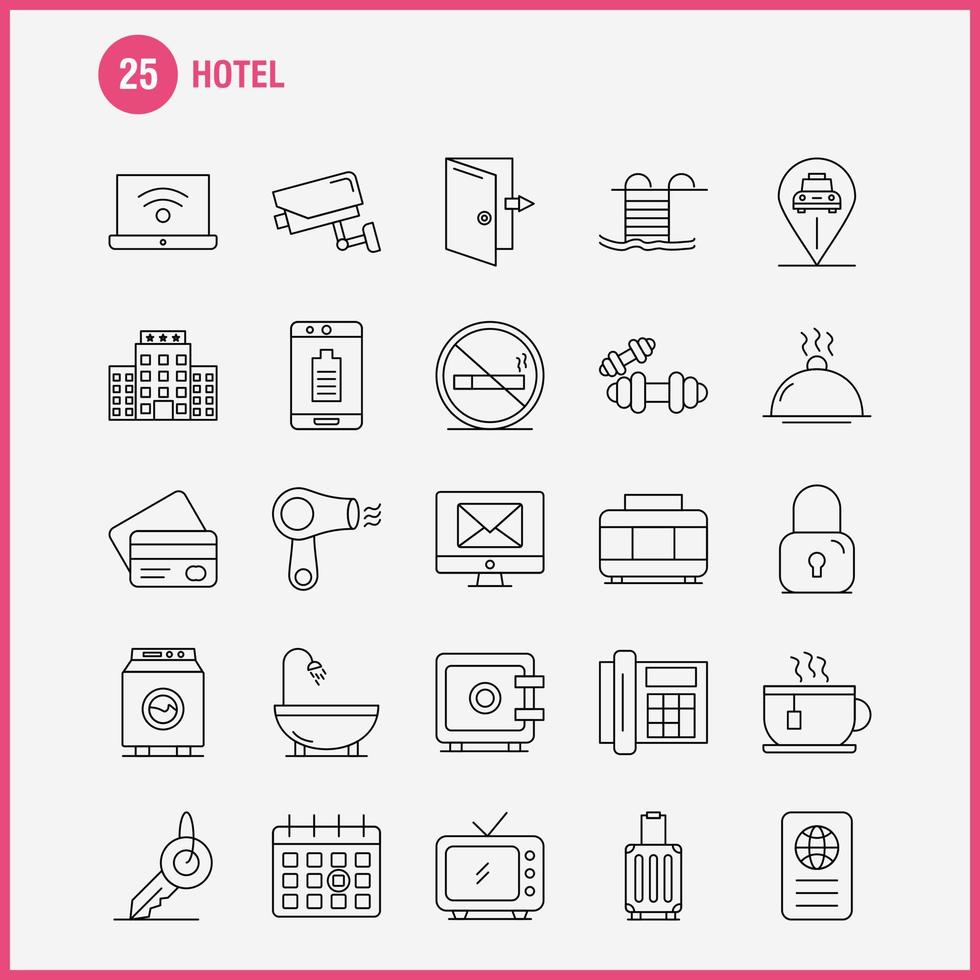 los iconos de la línea del hotel establecidos para el kit uxui móvil infográfico y el diseño de impresión incluyen el vector del conjunto de iconos de la celda móvil del hotel de la puerta de entrada y salida del hotel