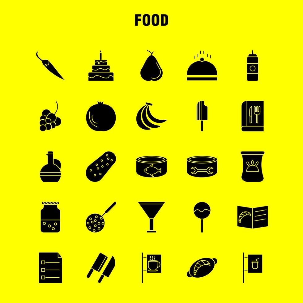 los iconos de glifos sólidos de alimentos establecidos para infografías kit uxui móvil y diseño de impresión incluyen galletas comida dulce comida salchicha carne comida colección de comida logotipo infográfico moderno y pictograma vec vector