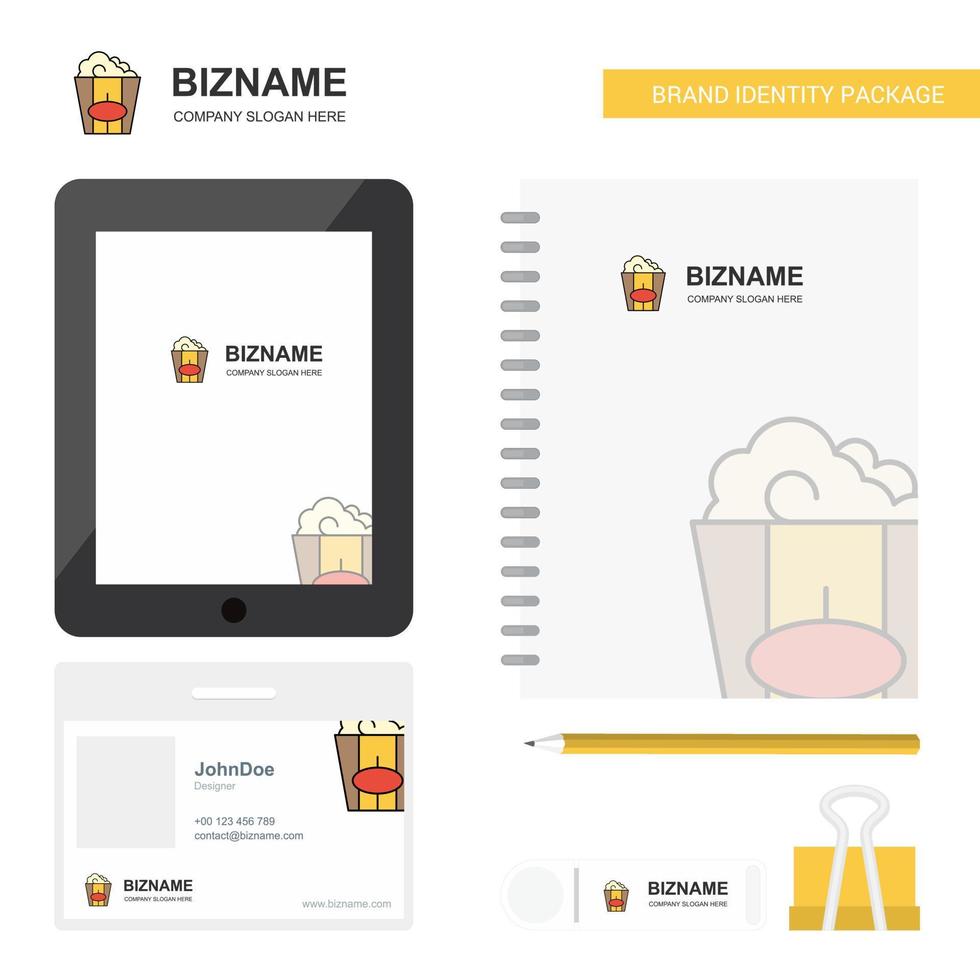 Pop corn Business Logo Tab App Diary PVC Employee Card and USB Brand Stationary Package Design Vector Template