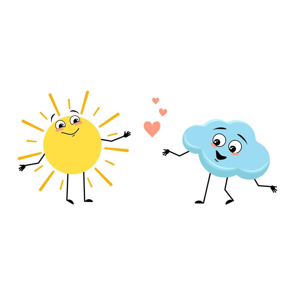 Cute cloud and sun character with love emotions, happy face, smile, arms and legs. Person with happy expression and pose. Vector flat illustration