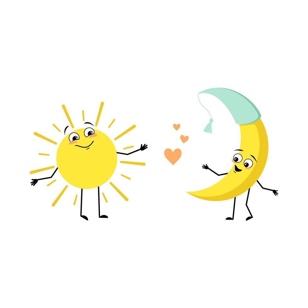 Cute sun and moon character with love emotions, happy face, smile, arms and legs. Person with happy expression and pose. Vector flat illustration