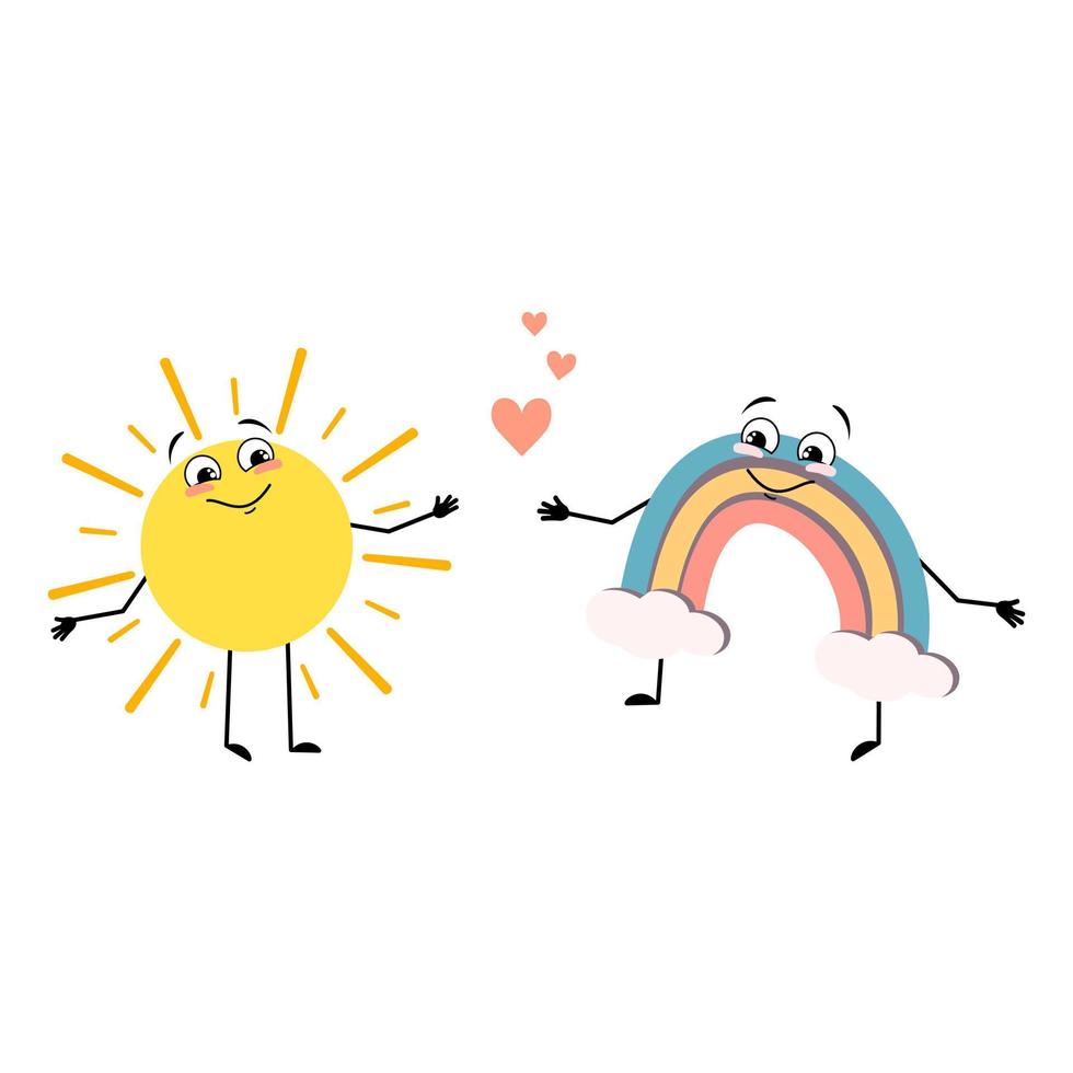 lindo personaje de sol y arco iris con emociones de amor, cara feliz, sonrisa, brazos y piernas. persona con expresión feliz y pose. ilustración plana vectorial vector