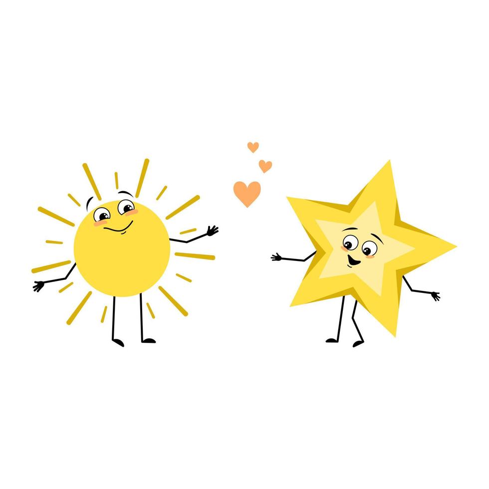 lindo personaje de sol y estrella con emociones de amor, cara feliz, sonrisa, brazos y piernas. persona con expresión feliz y pose. ilustración plana vectorial vector