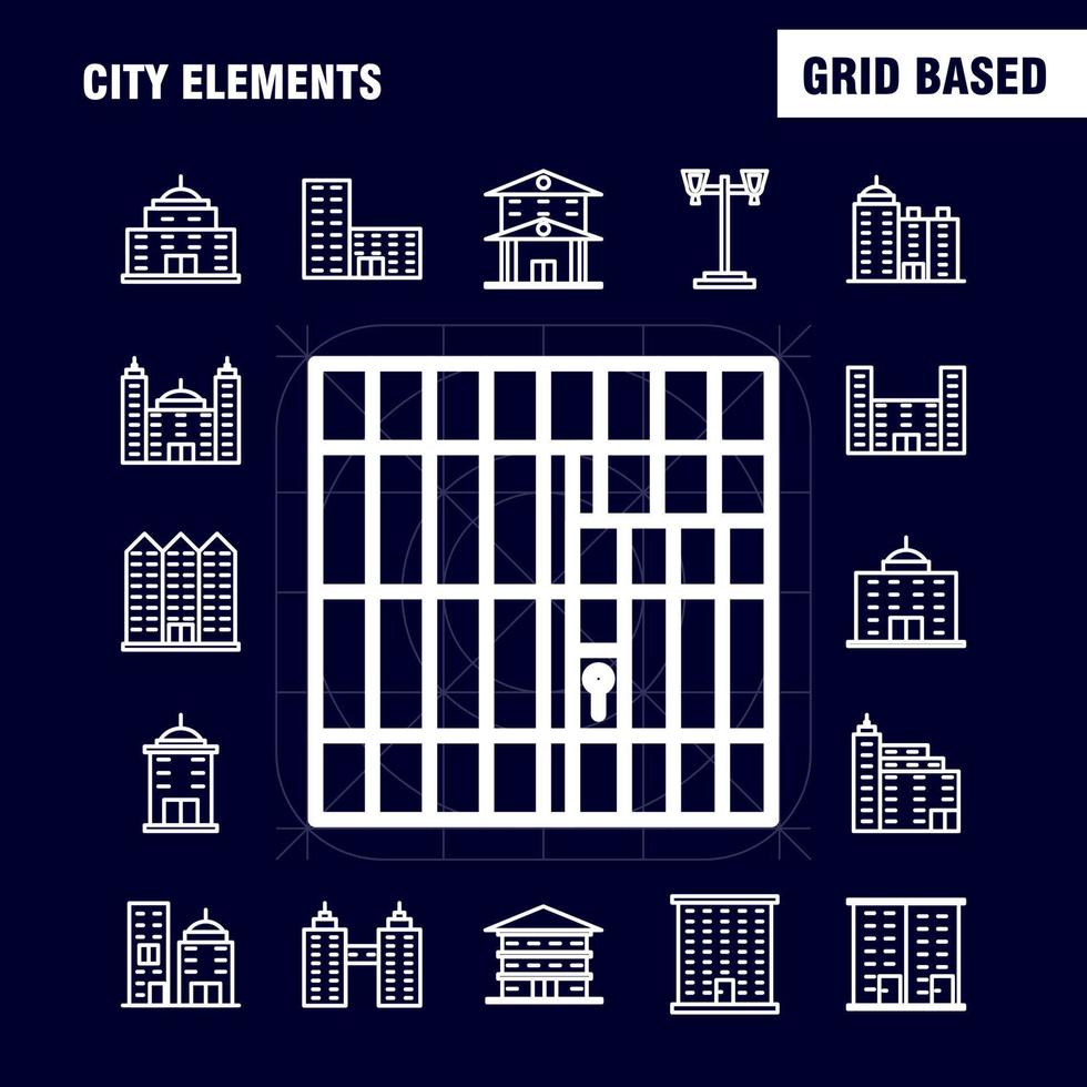 los iconos de línea de elementos de la ciudad establecidos para el kit de uxui móvil de infografía y el diseño de impresión incluyen el edificio de la torre edificios de oficinas de la ciudad torre de la oficina de la ciudad vector eps 10