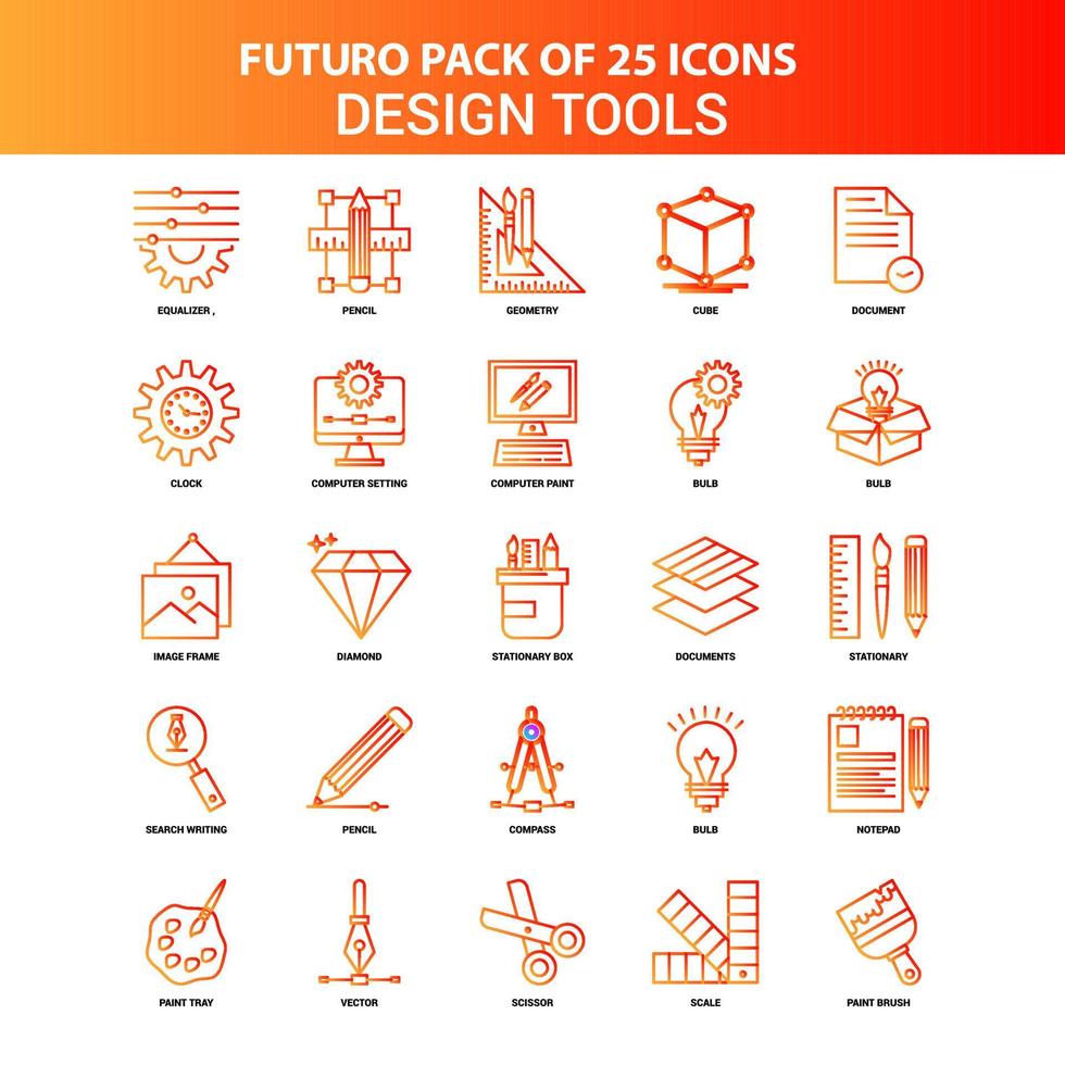 Orange Futuro 25 Design Tools Icon Set vector