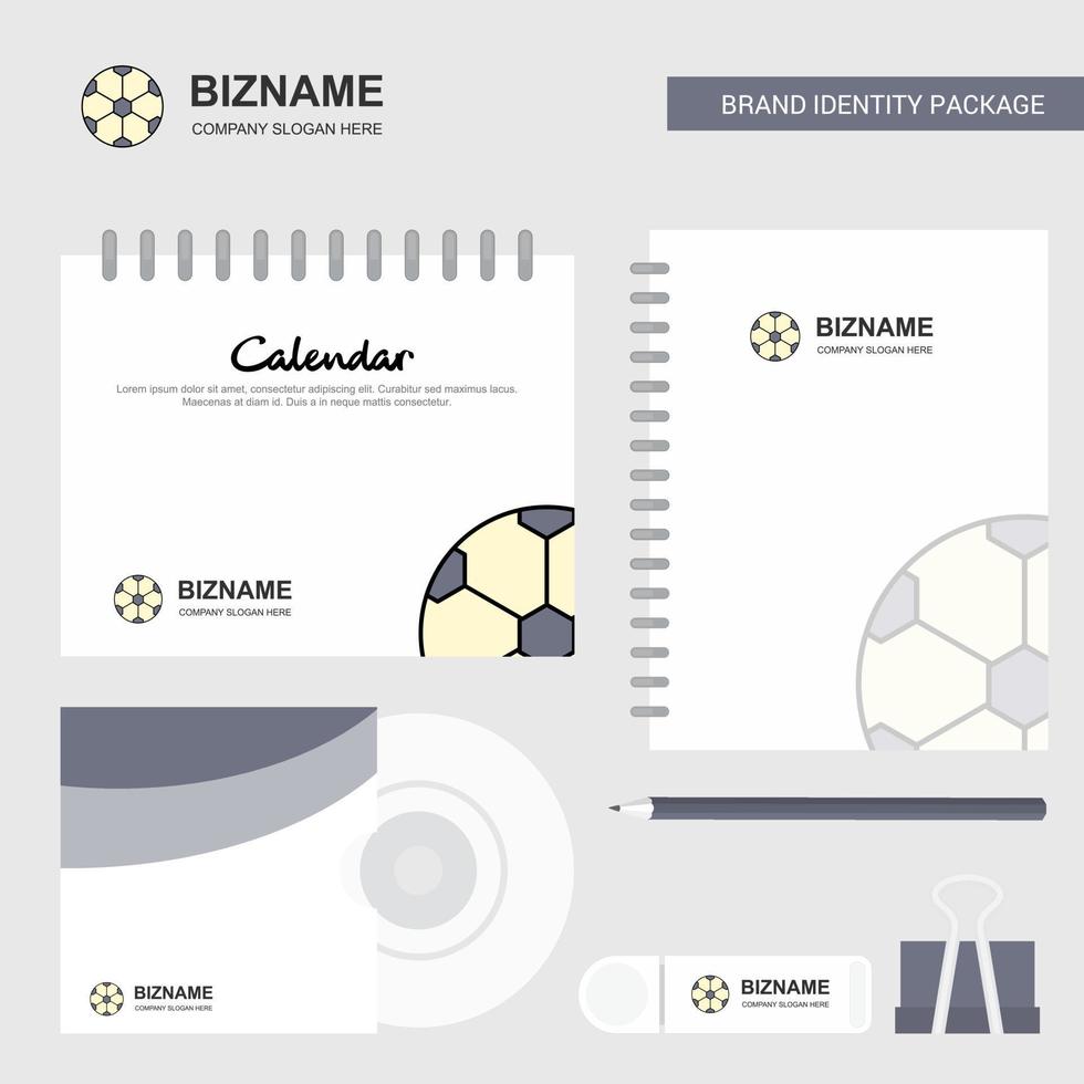 plantilla de calendario de logotipo de fútbol diario de portada de cd y plantilla de vector de diseño de paquete estacionario de marca usb