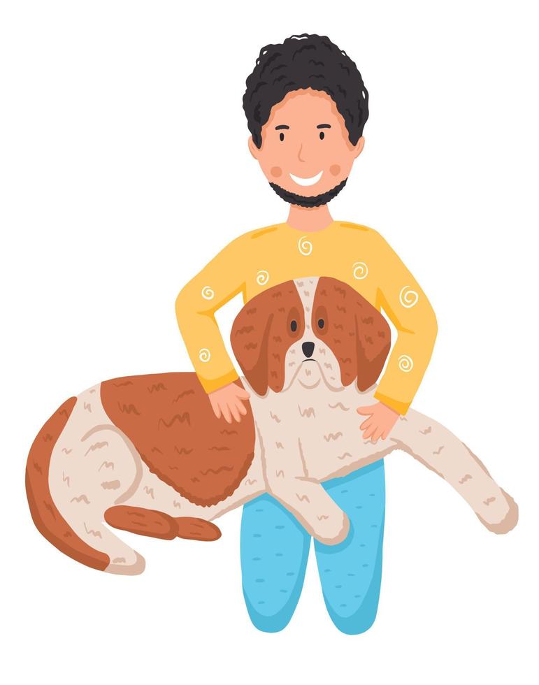 Young boy hugging dog vector