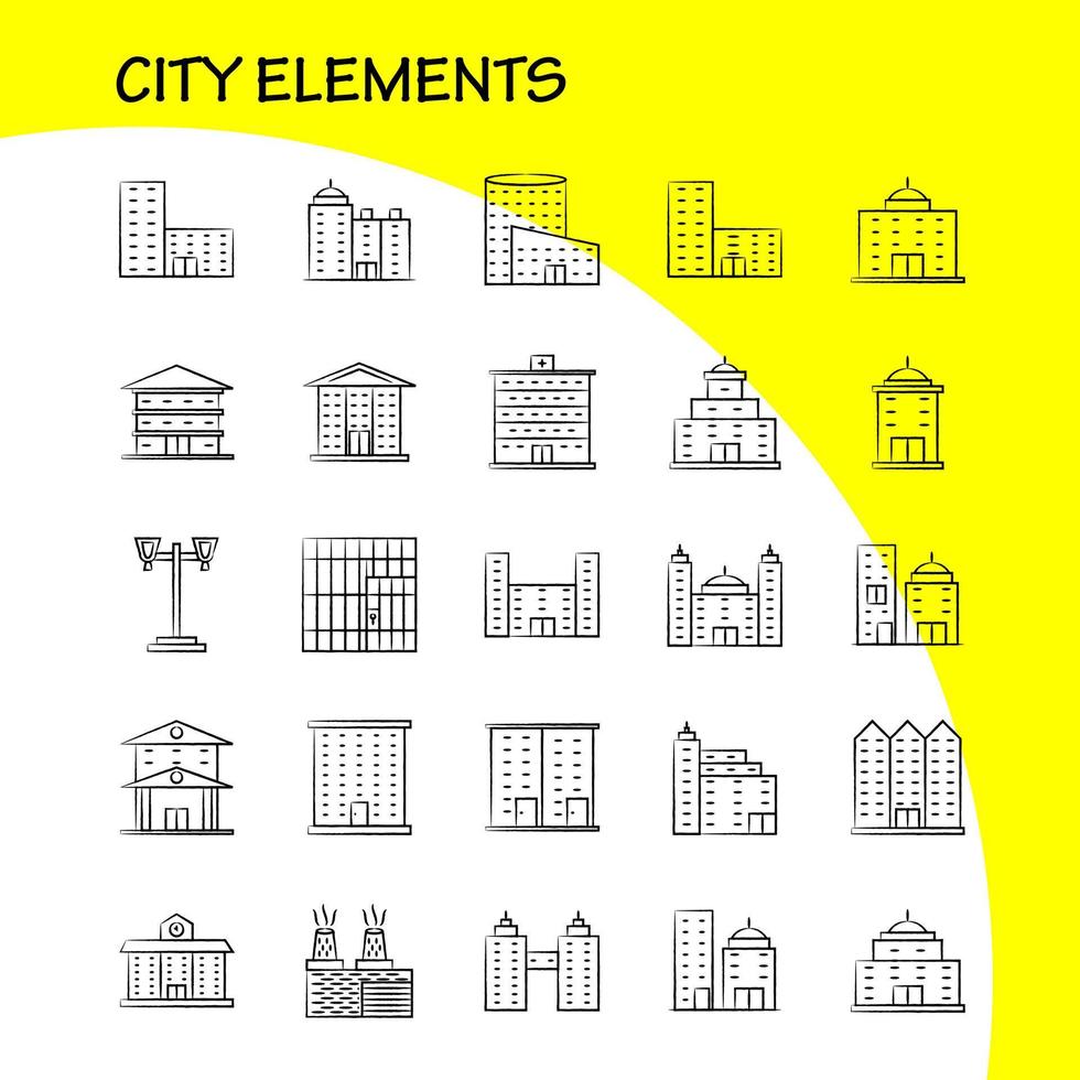 elementos de la ciudad iconos dibujados a mano establecidos para infografías kit uxui móvil y diseño de impresión incluyen edificio de torre edificios de oficinas de la ciudad torre ciudad oficina eps 10 vector