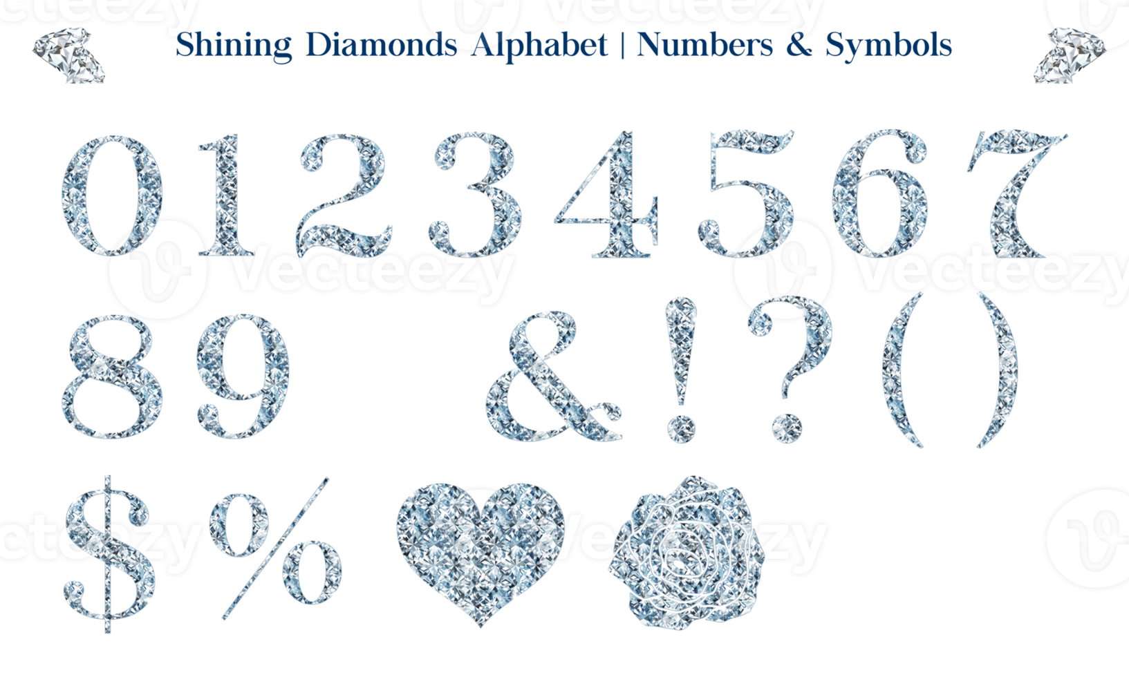 Shining Diamonds Alphabet or Font Set, includes letters in uppercase and lowercase, numbers, punctuation marks and symbols. png