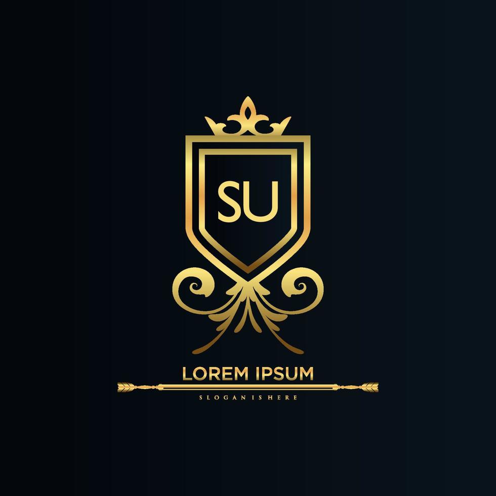 SU Letter Initial with Royal Template.elegant with crown logo vector, Creative Lettering Logo Vector Illustration.