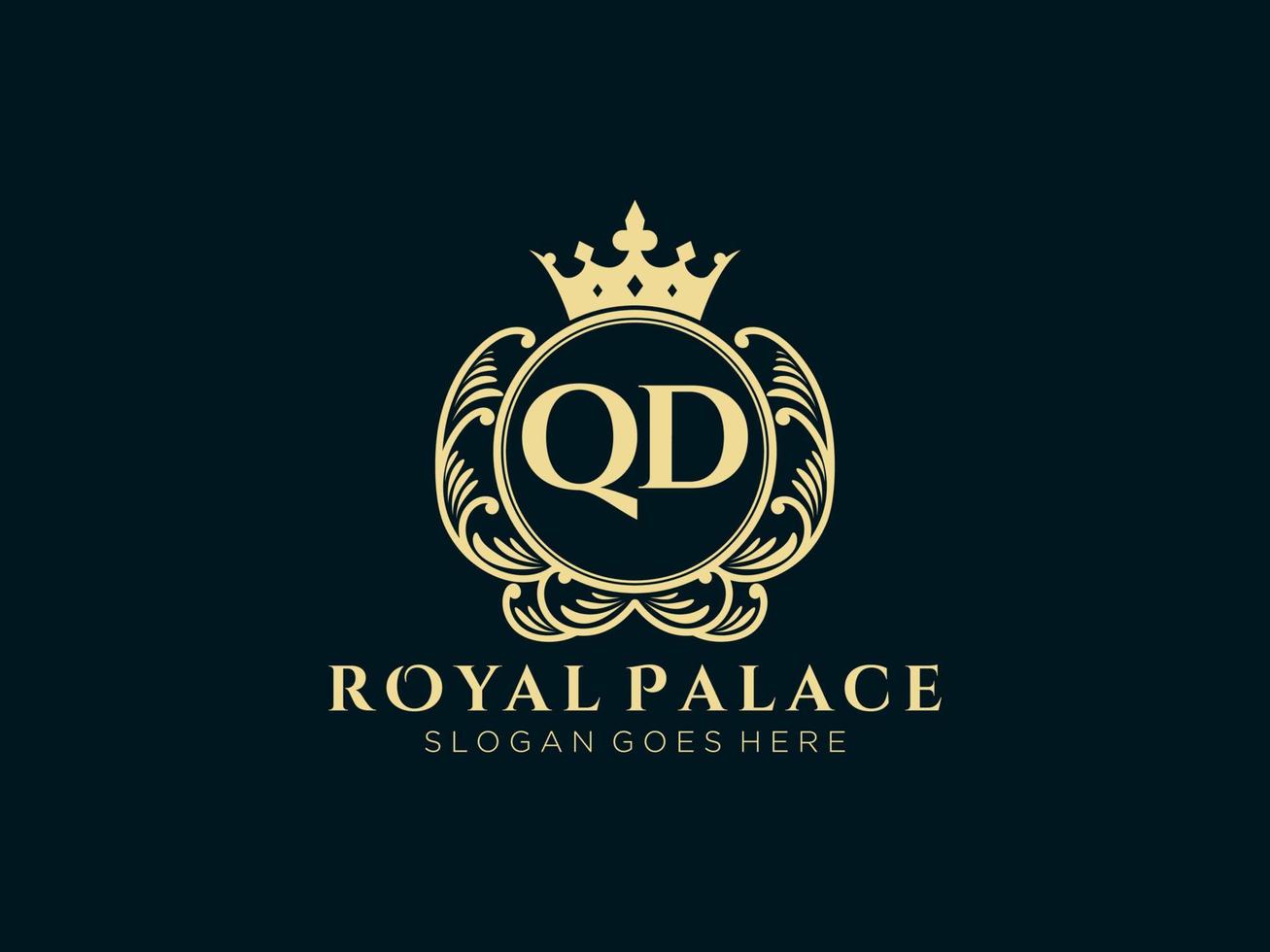 Letter QD Antique royal luxury victorian logo with ornamental frame. vector