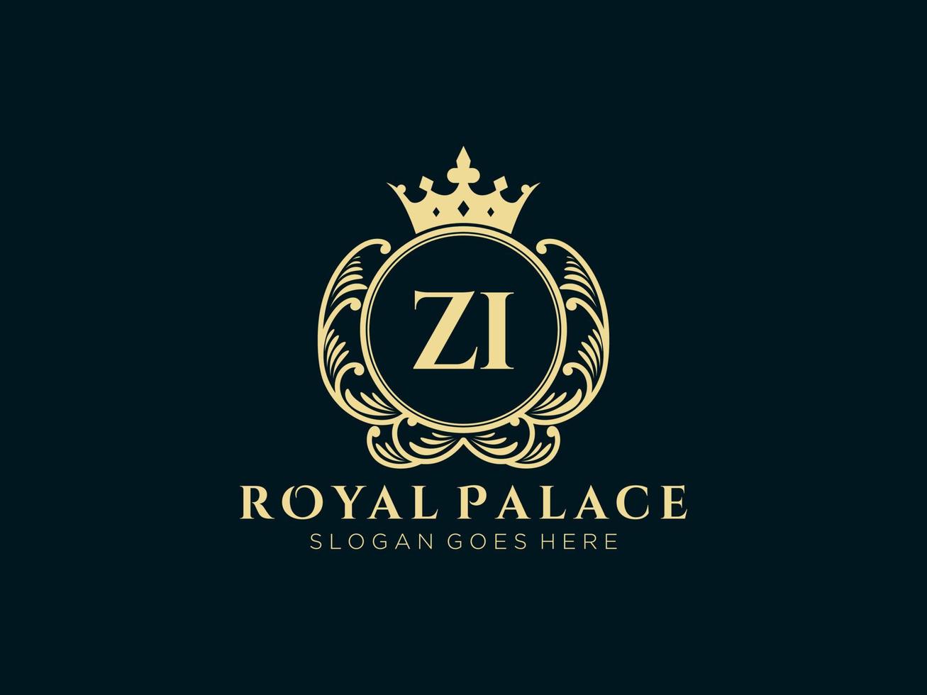 letra zi logotipo victoriano de lujo real antiguo con marco ornamental. vector