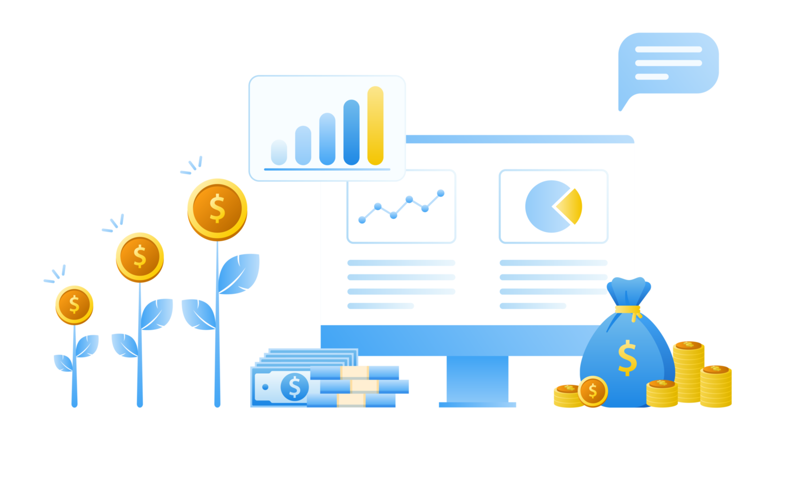 concepto de gestión financiera e inversión, diseño plano de pago y financiación con dinero, efectivo, billetes, calculadora y tarjeta de crédito. ilustración y plantilla de banner. png