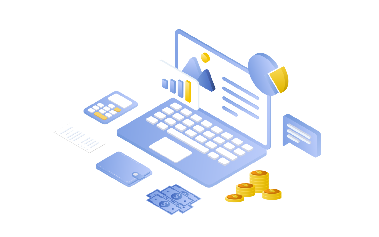 finanzmanagementkonzept und investition, flaches design von zahlung und finanzierung mit geld, bargeld, banknote, taschenrechner und kreditkarte. Illustration und Bannervorlage. png