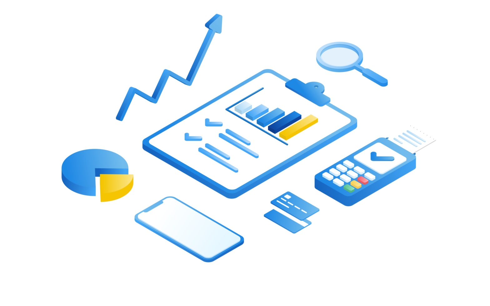 concepto de gestión financiera e inversión, diseño plano de pago y financiación con dinero, efectivo, billetes, calculadora y tarjeta de crédito. ilustración y plantilla de banner. png