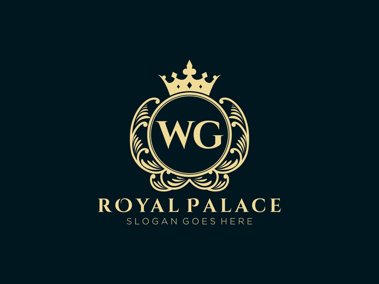 Letter WG Antique royal luxury victorian logo with ornamental frame. vector