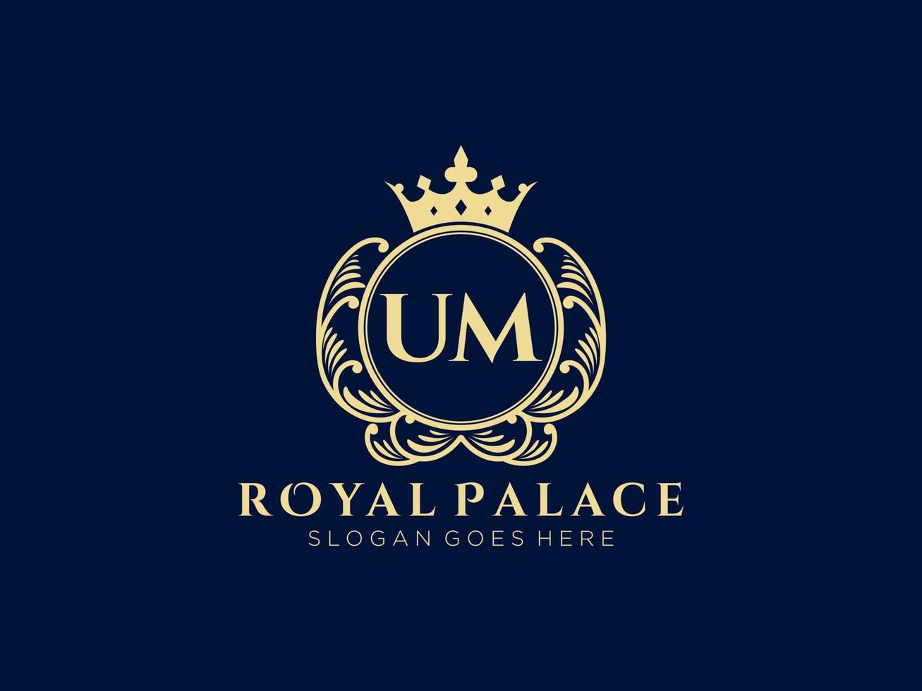 Letter UM Antique royal luxury victorian logo with ornamental frame. vector