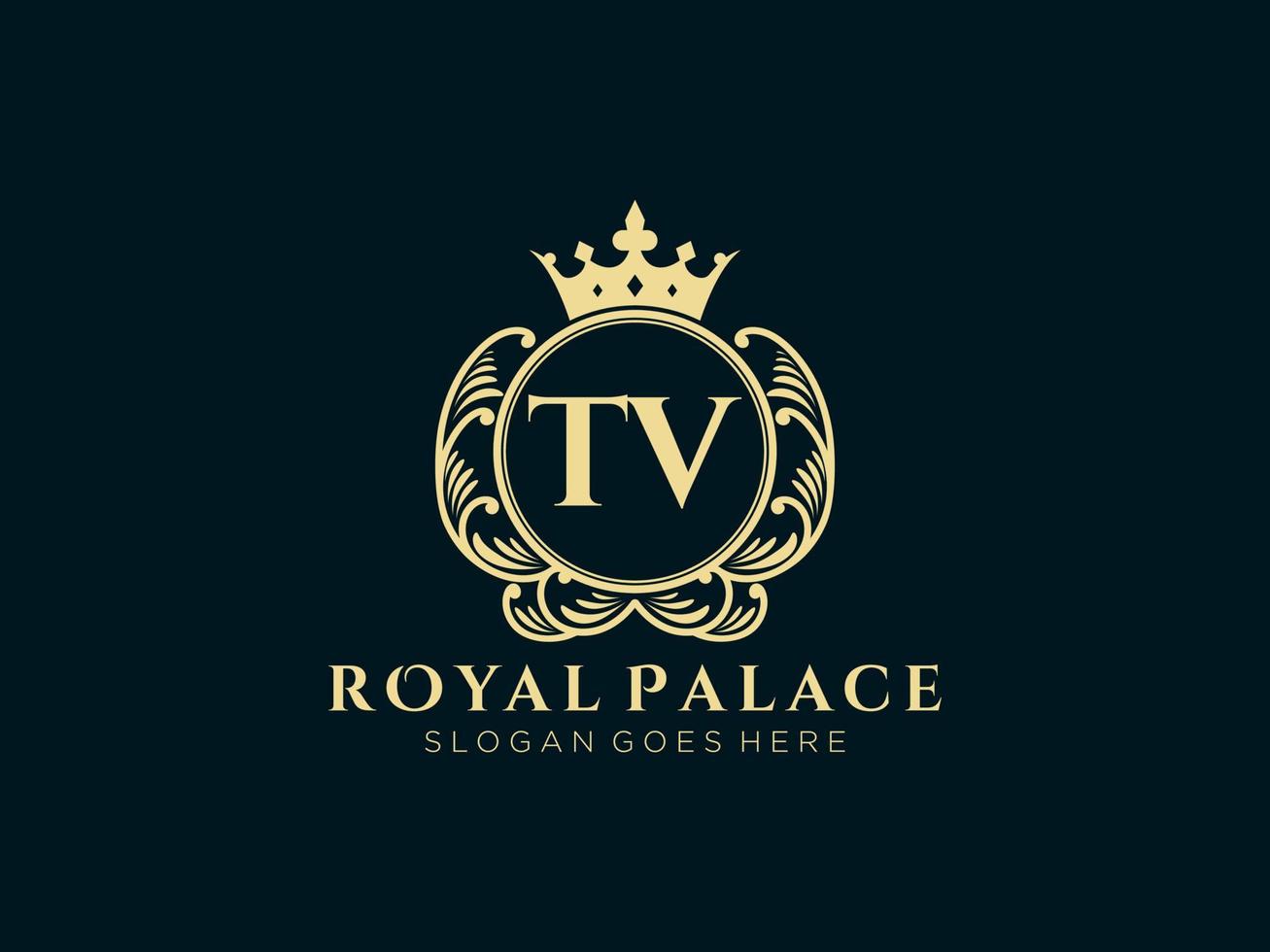 Letter TV Antique royal luxury victorian logo with ornamental frame. vector