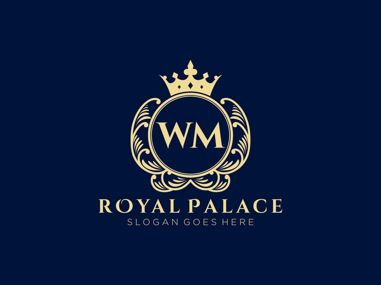 Letter WM Antique royal luxury victorian logo with ornamental frame. vector