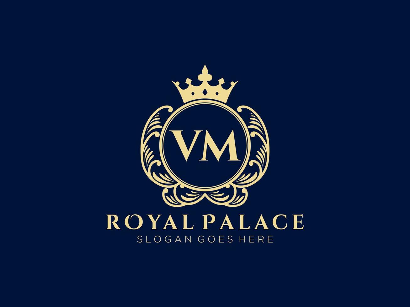 Letter VM Antique royal luxury victorian logo with ornamental frame. vector