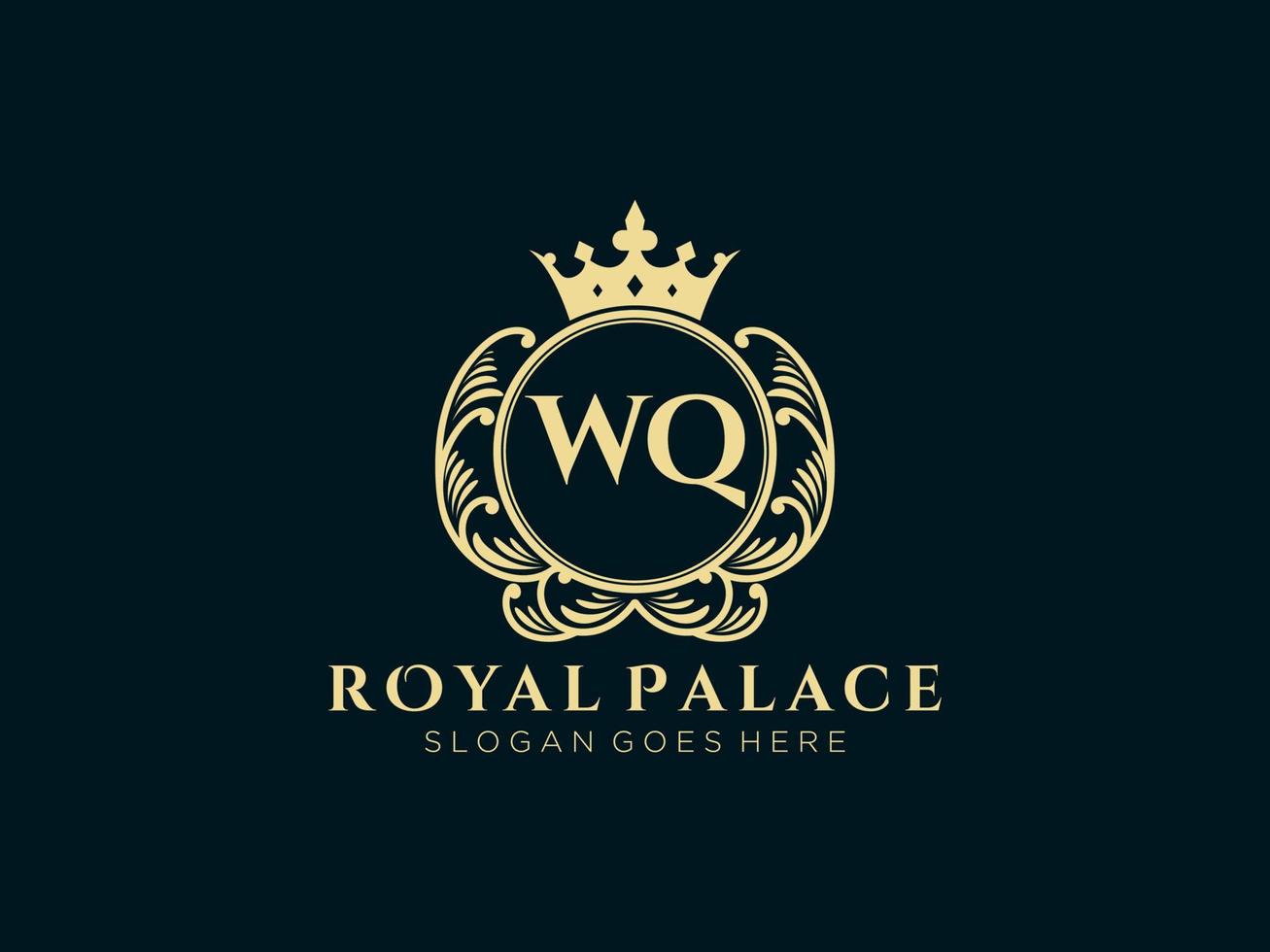 Letter WQ Antique royal luxury victorian logo with ornamental frame. vector