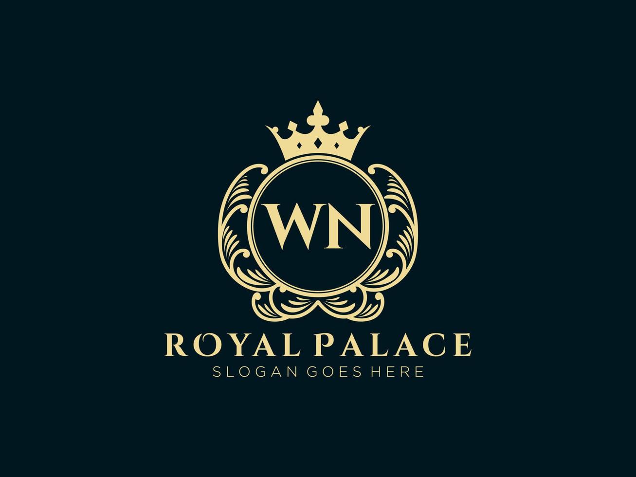 Letter WN Antique royal luxury victorian logo with ornamental frame. vector