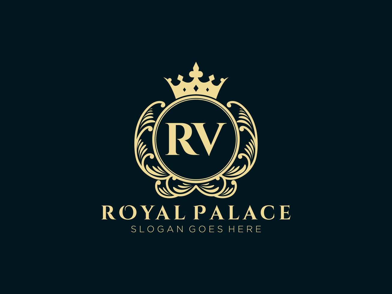 Letter RV Antique royal luxury victorian logo with ornamental frame. vector