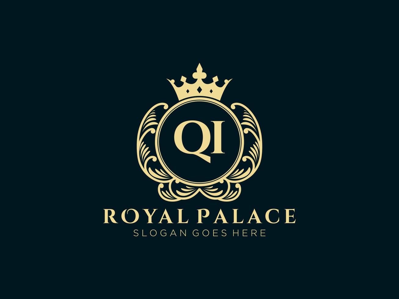 Letter QI Antique royal luxury victorian logo with ornamental frame. vector