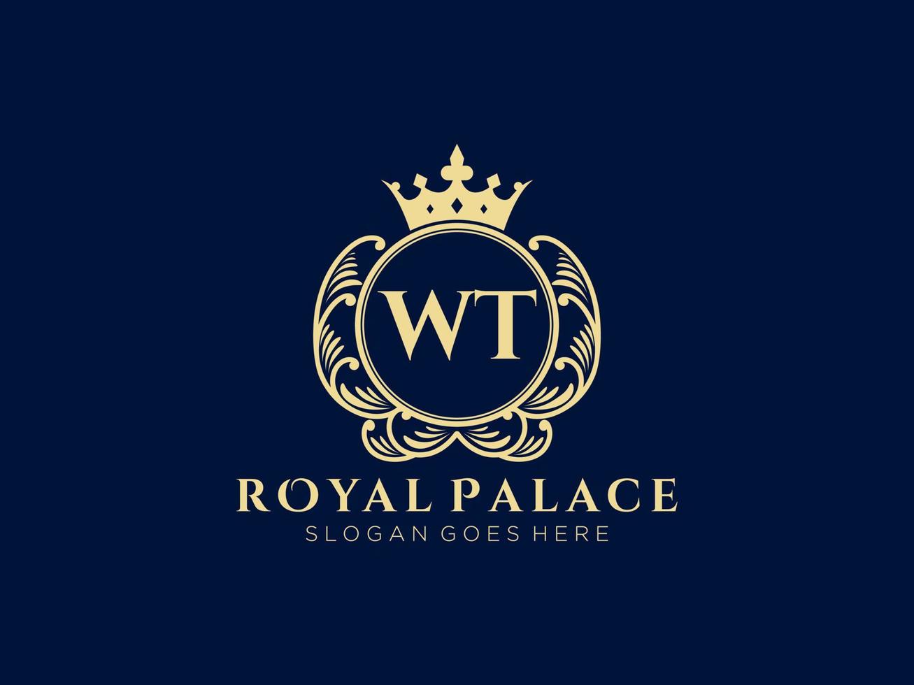 Letter WT Antique royal luxury victorian logo with ornamental frame. vector