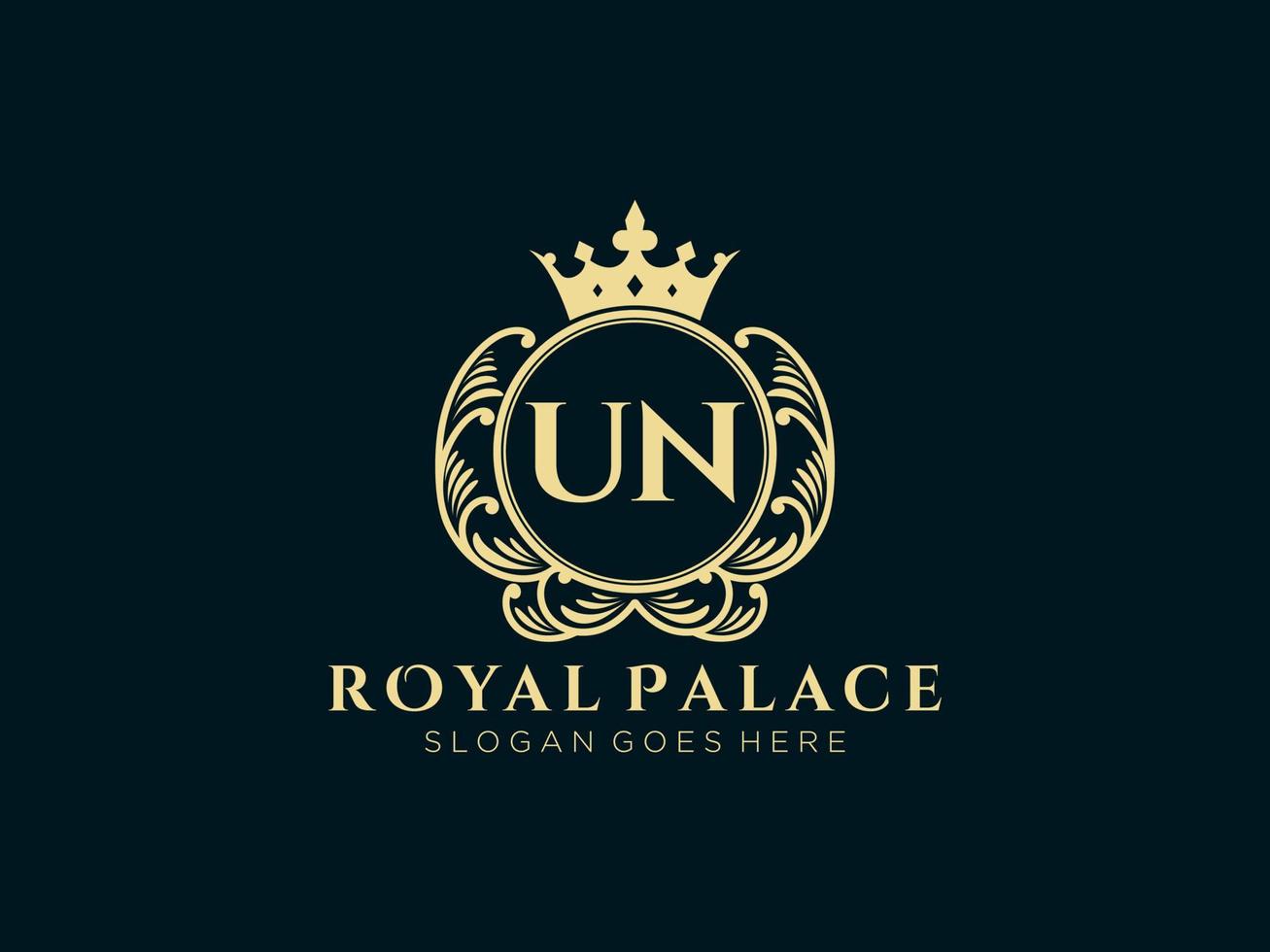 Letter UN Antique royal luxury victorian logo with ornamental frame. vector