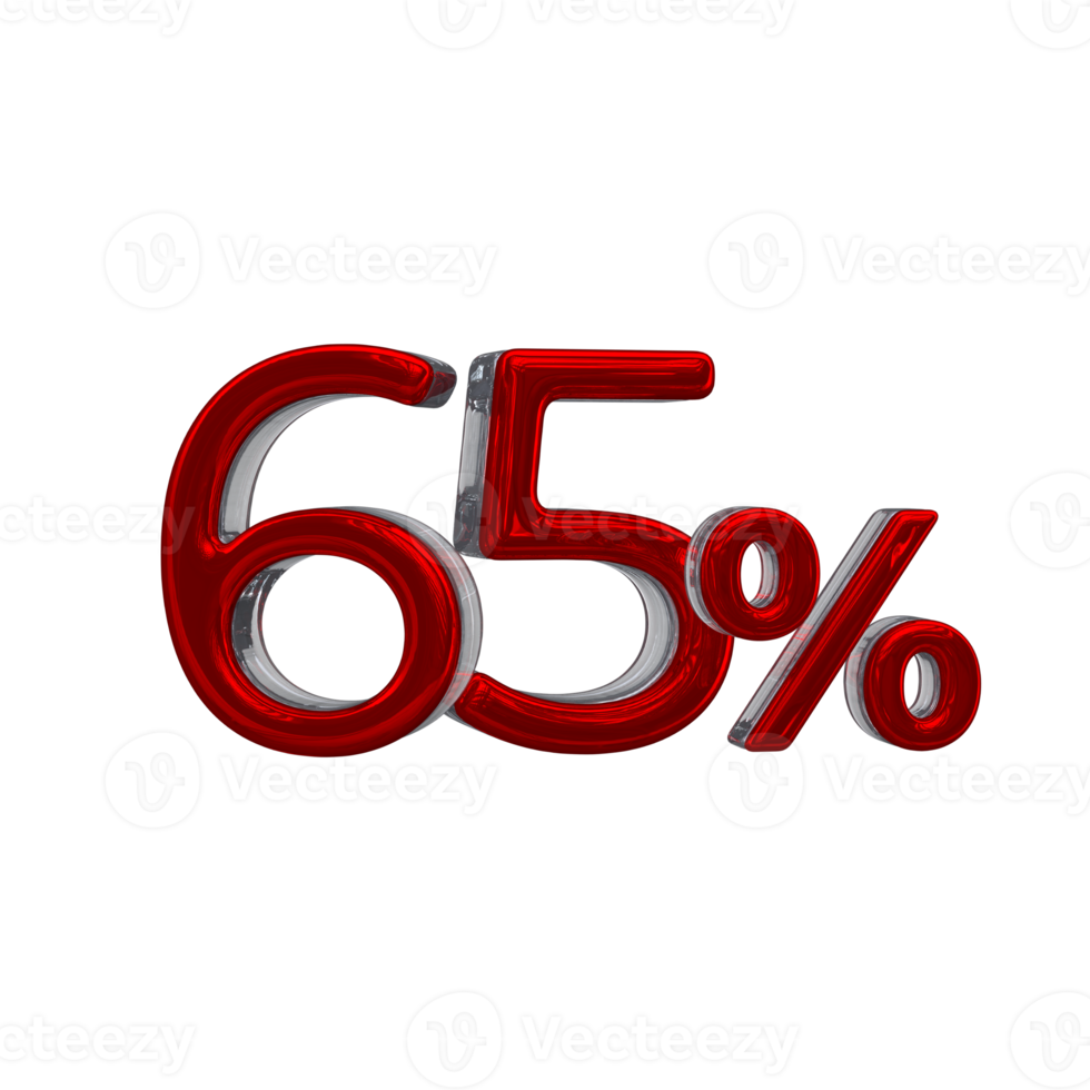 65 percent 3D number with red color png