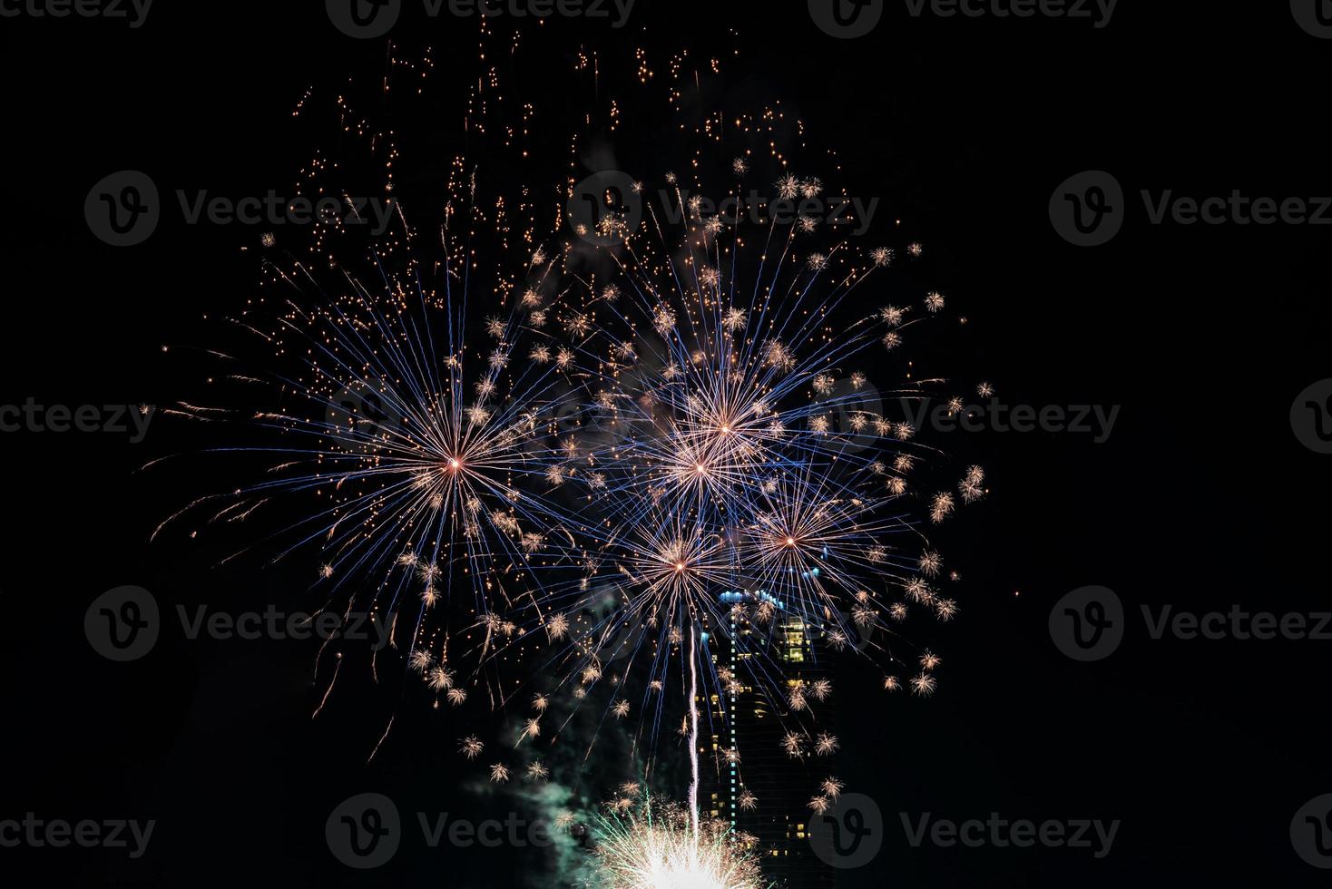 fuegos artificiales en el río en el cielo oscuro foto