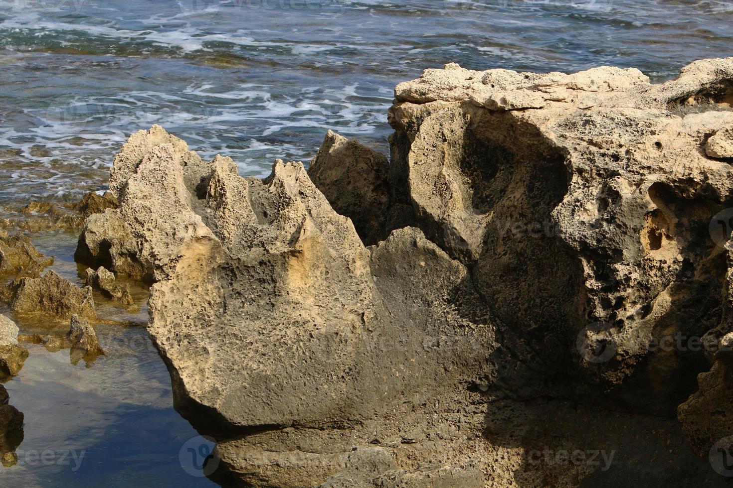 Rocks on the shores of the Mediterranean Sea in northern Israel. photo