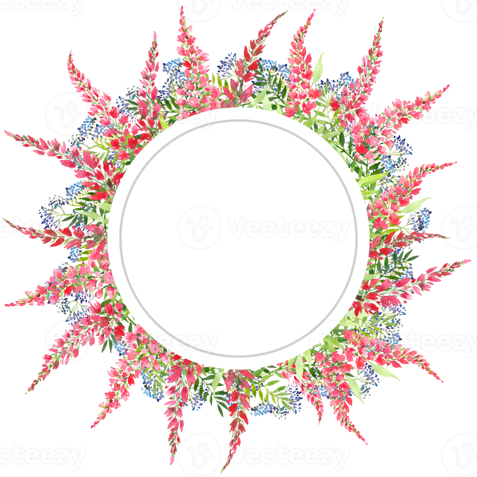 round frame with herbs, roses and wildflowers. watercolor illustration . Round frame for your design, greeting cards, wedding posters. png