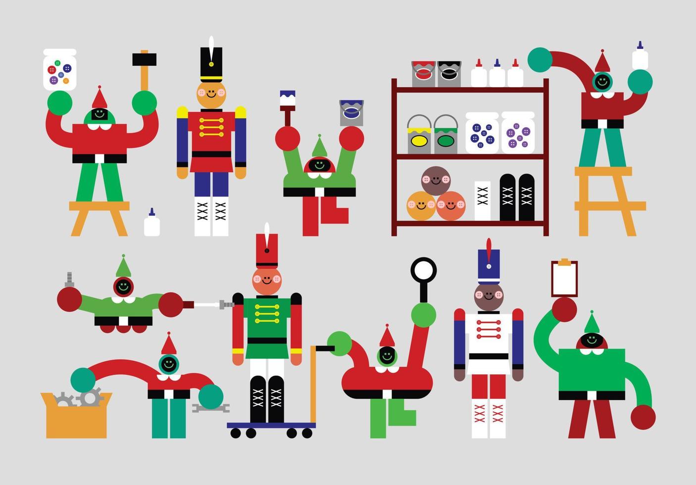 Set of Elf in the Nutcracker Factory Humanoids Flat Geometric Character Design vector