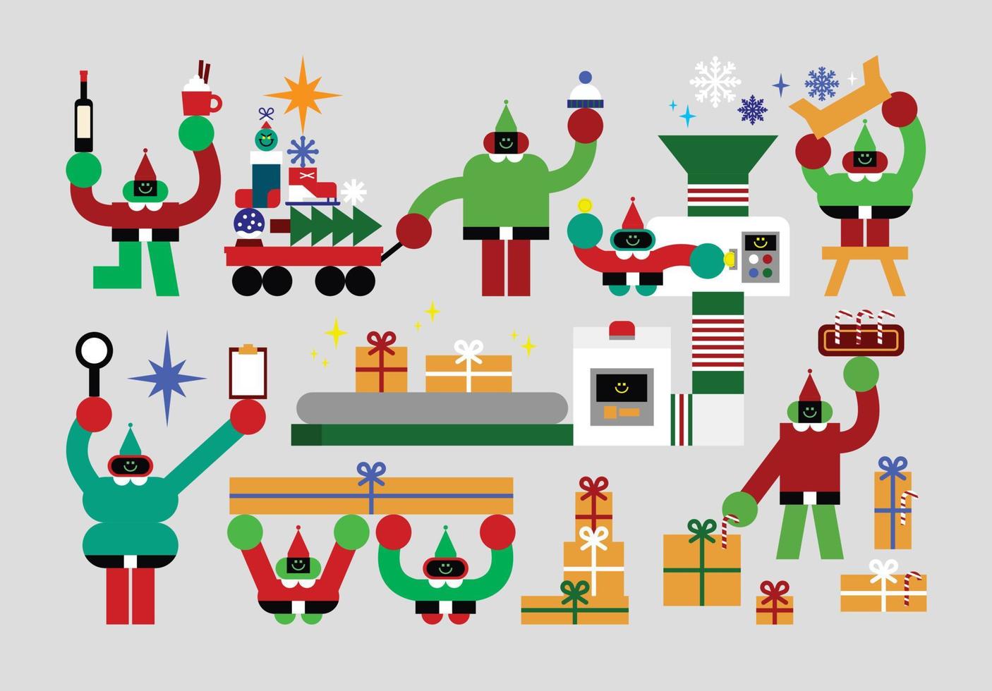 conjunto de humanoides elfos en la fábrica de regalos de navidad diseño de personajes geométricos planos vector