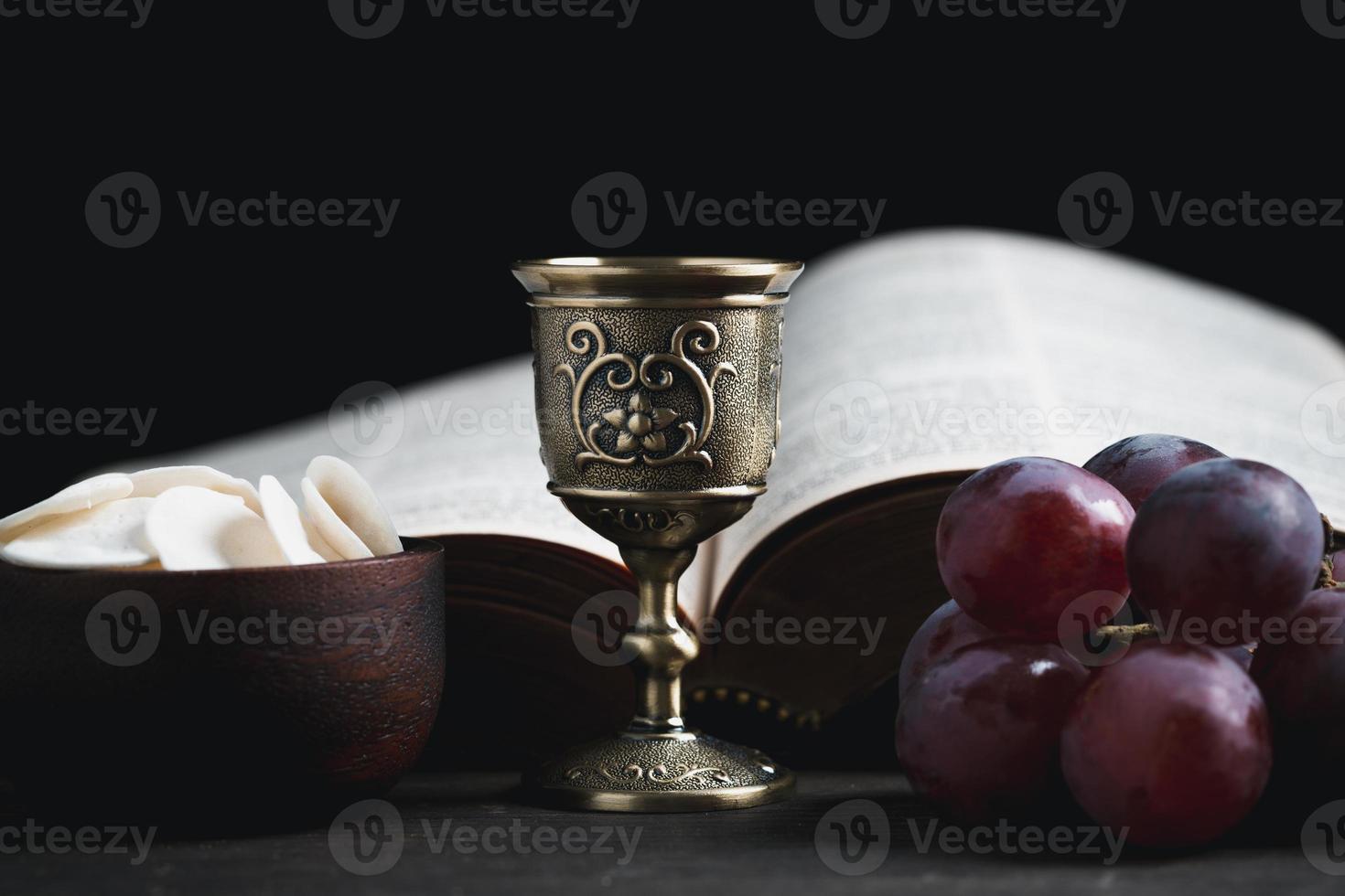 Concept of Eucharist or holy communion of Christianity. Eucharist is sacrament instituted by Jesus. during last supper with disciples. Bread and wine is body and blood of Jesus Christ of Christians. photo